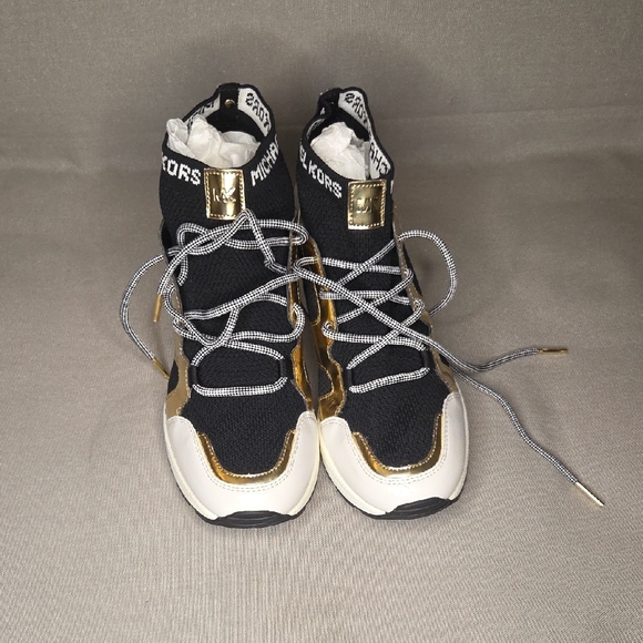 Michael Kors Hilda Knit & Leather Sock Wedge Heel Lace Up Trainers Sneakers - Picture 2 of 13